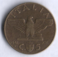 Монета 5 чентезимо. 1941 год, Италия.