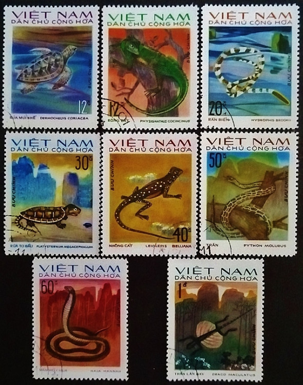 Набор почтовых марок (8 шт.). "Рептилии (I)". 1975 год, Вьетнам.