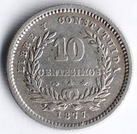 Монета 10 сентесимо. 1877(A) год, Уругвай.