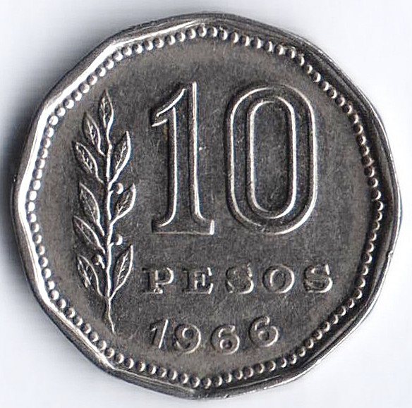 Монета 10 песо. 1966 год, Аргентина.