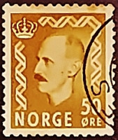 Почтовая марка (50 ö.). "Король Хаакон VII". 1957 год, Норвегия.