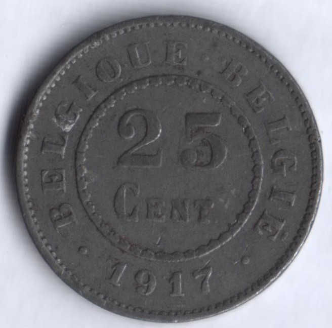 Монета 25 сантимов. 1917 год, Бельгия.