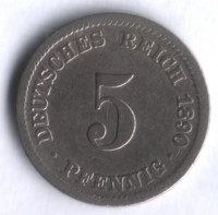 Монета 5 пфеннигов. 1890 год (D), Германская империя.