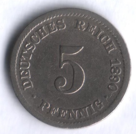 Монета 5 пфеннигов. 1890 год (D), Германская империя.