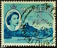 Почтовая марка (5 c.). "Королева Елизавета II и пейзажи". 1954 год, Маврикий.