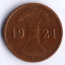 Монета 1 рентенпфенниг. 1924 год (E), Веймарская республика.