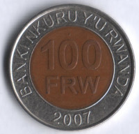 Монета 100 франков. 2007 год, Руанда.