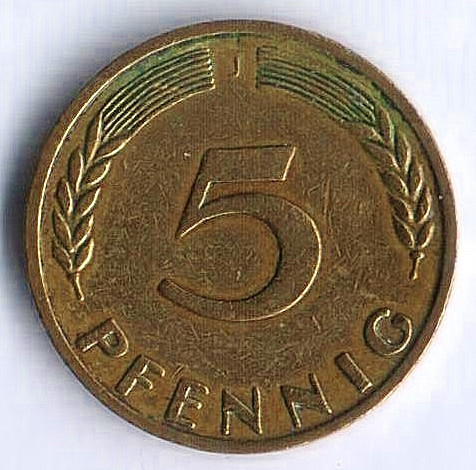 Монета 5 пфеннигов. 1950(J) год, ФРГ. "J" большая.