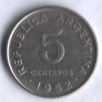 Монета 5 сентаво. 1952 год, Аргентина.
