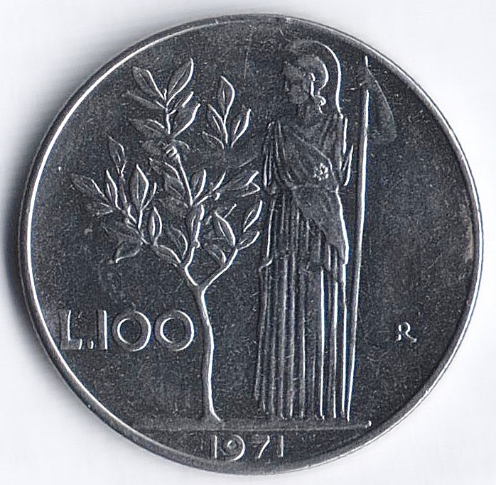 Монета 100 лир. 1971 год, Италия.