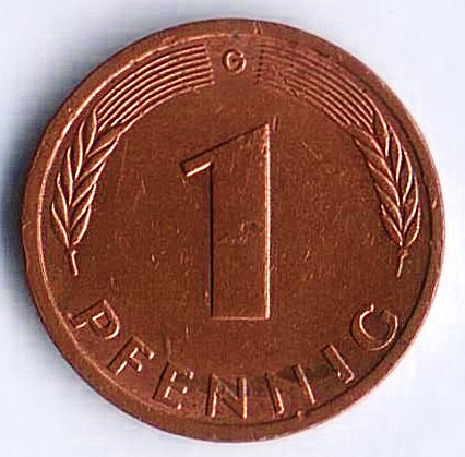 Монета 1 пфенниг. 1981(G) год, ФРГ.