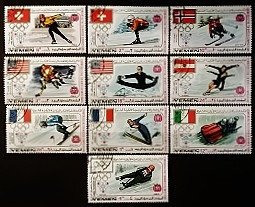 Набор почтовых марок  (10 шт.). "Празднование Десяти Зимних Олимпийских лет". 1968 год, Королевство Йемен.