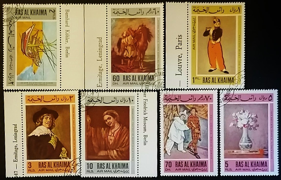 Набор почтовых марок  (7 шт.). "Европейские картины". 1967 год, Рас-Аль-Хайма (ОАЭ). 