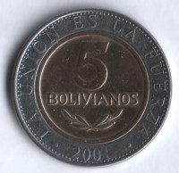 Монета 5 боливиано. 2001 год, Боливия.