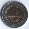 Монета 5 боливиано. 2001 год, Боливия.