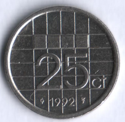 Монета 25 центов. 1992 год, Нидерланды.