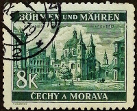 Почтовая марка (8 kr.). "Синагога Кремзиер, Кромержиж". 1940 год, Богемия и Моравия.