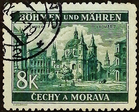Почтовая марка (8 kr.). "Синагога Кремзиер, Кромержиж". 1940 год, Богемия и Моравия.