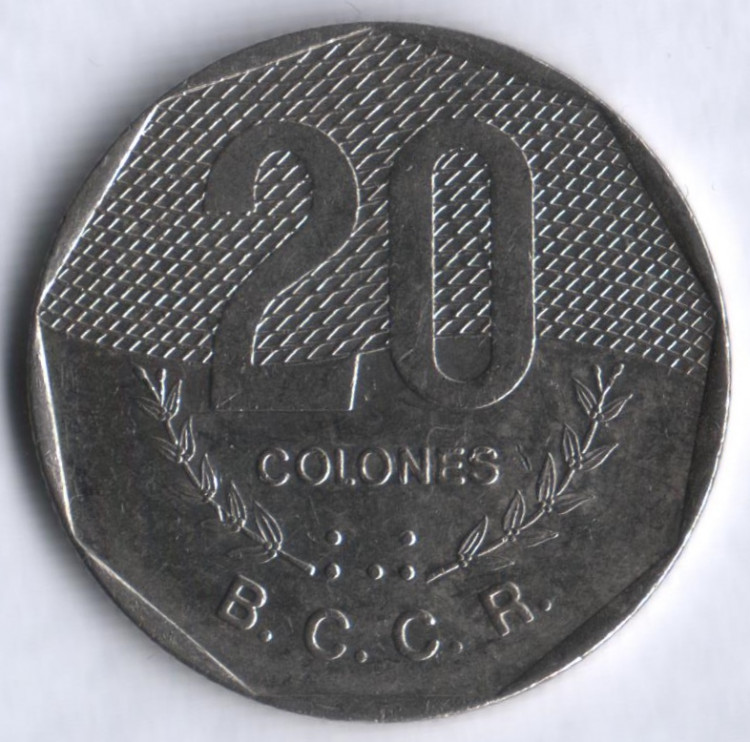 Монета 20 колонов. 1994 год, Коста-Рика.