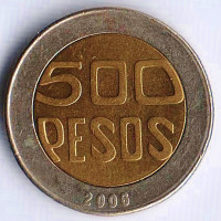 Монета 500 песо. 2006 год, Колумбия.