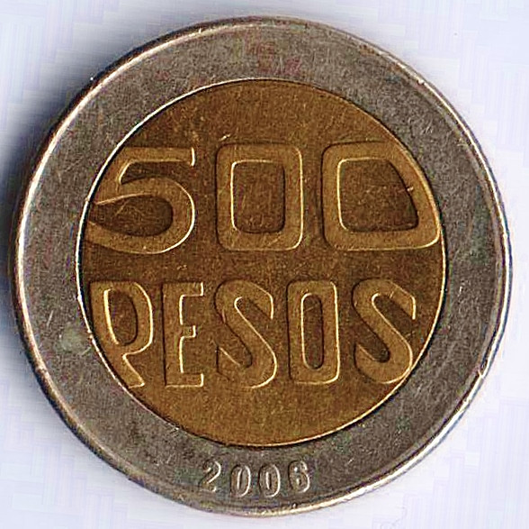 Монета 500 песо. 2006 год, Колумбия.