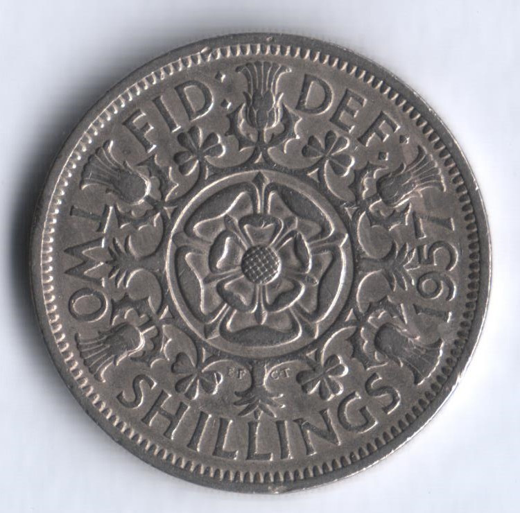 Монета 2 шиллинга. 1957 год, Великобритания. 