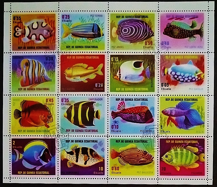 Блок почтовых марок (16 шт.). "Тропические рыбы (III)". 1979 год, Экваториальная Гвинея.