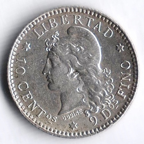 Монета 10 сентаво. 1883 год, Аргентина.