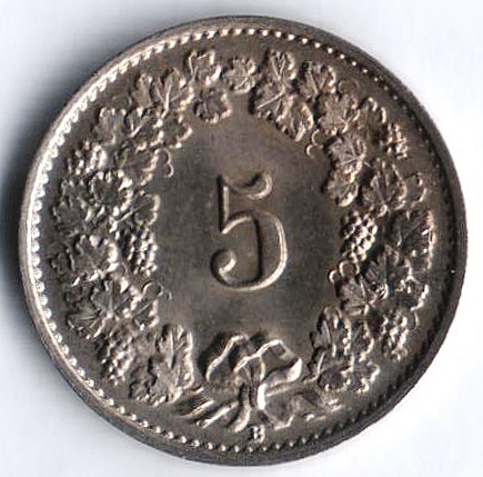 Монета 5 раппенов. 1922 год, Швейцария.