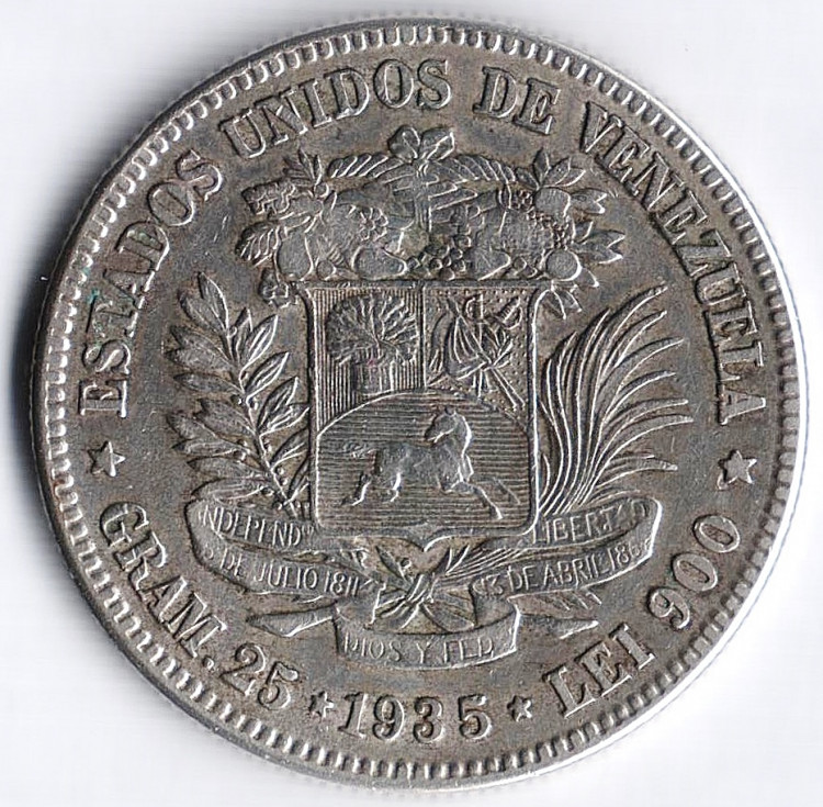 Монета 5 боливаров. 1935 год, Венесуэла.