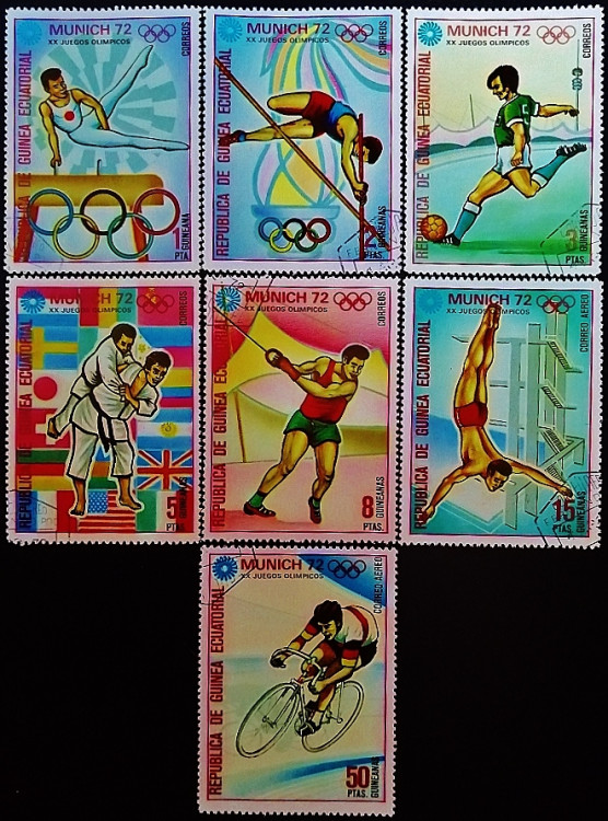 Набор почтовых марок (7 шт.). "Летние Олимпийские игры, Мюнхен`1972: спортивные дисциплины". 1972 год, Экваториальная Гвинея.