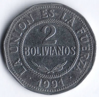 Монета 2 боливиано. 1991 год, Боливия.