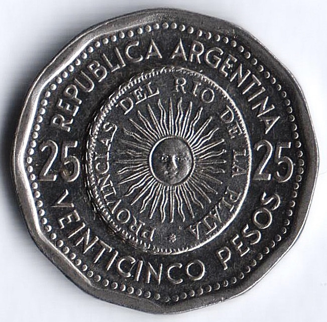 Монета 25 песо. 1966 год, Аргентина.