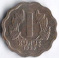 Монета 1 куруш. 1939 год, Турция.