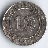 Монета 10 центов. 1917 год, Стрейтс Сетлментс.