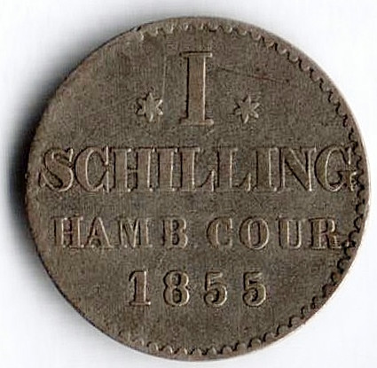 Монета 1 шиллинг. 1855 год, Гамбург.