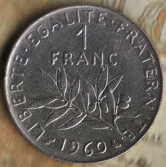 Монета 1 франк. 1960 год, Франция. Цифра "0" меньшего размера, более округлой формы.