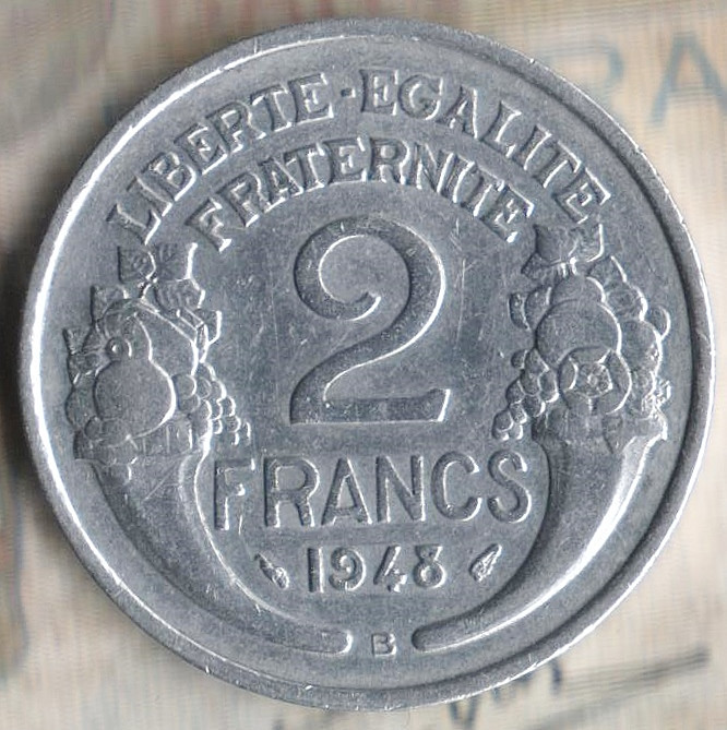 Монета 2 франка. 1948(B) год, Франция.