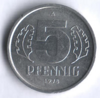 Монета 5 пфеннигов. 1978 год, ГДР.