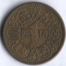Монета 1 песета. 1944 год, Испания.