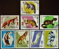 Набор почтовых марок (8 шт.). "Пушные звери". 1966 год, Монголия.
