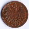 Монета 1 пфенниг. 1898 год (E), Германская империя.