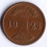 Монета 2 рентенпфеннига. 1924 год (E), Веймарская республика.