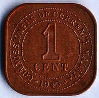 Монета 1 цент. 1945 год, Малайя.