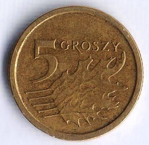 Монета 5 грошей. 2014(l) год, Польша.