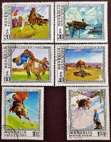 Набор почтовых марок (6 шт.). "Картины Чевегшавы". 1976 год, Монголия.