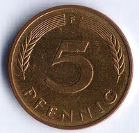 Монета 5 пфеннигов. 1987(F) год, ФРГ.