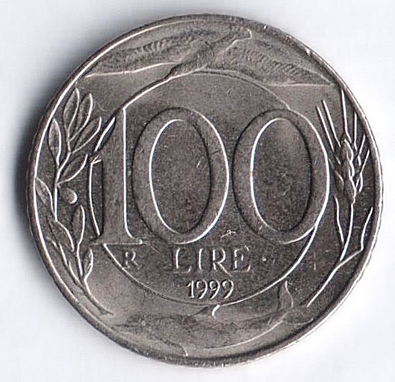 Монета 100 лир. 1999 год, Италия.