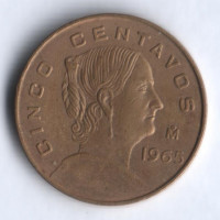 Монета 5 сентаво. 1965 год, Мексика.