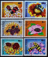 Набор почтовых марок (6 шт.). "Насекомые, опыляющие цветы". 1980 год, Венгрия.
